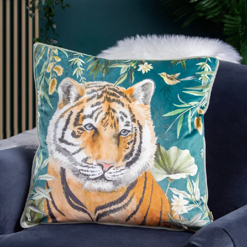 Orient Tiger Head Cushion Teal
